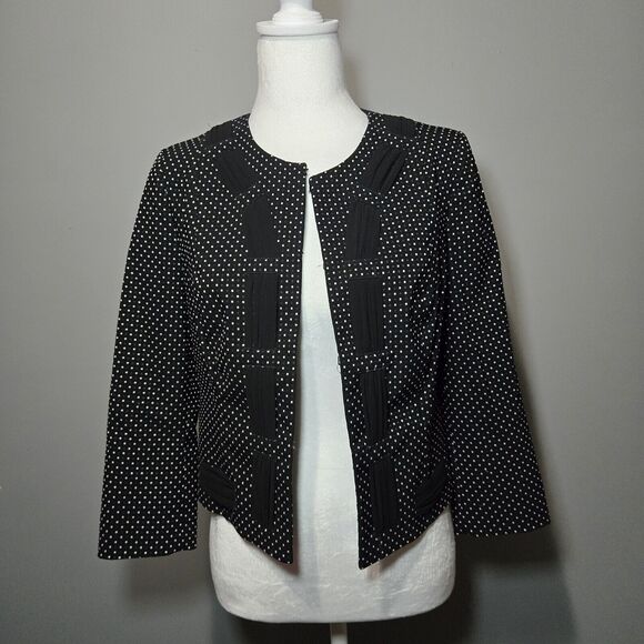 Cabi Black White Polka Dot Jacquard Jacket Blazer Size 4 Style 5156 Collarless - Picture 1 of 9